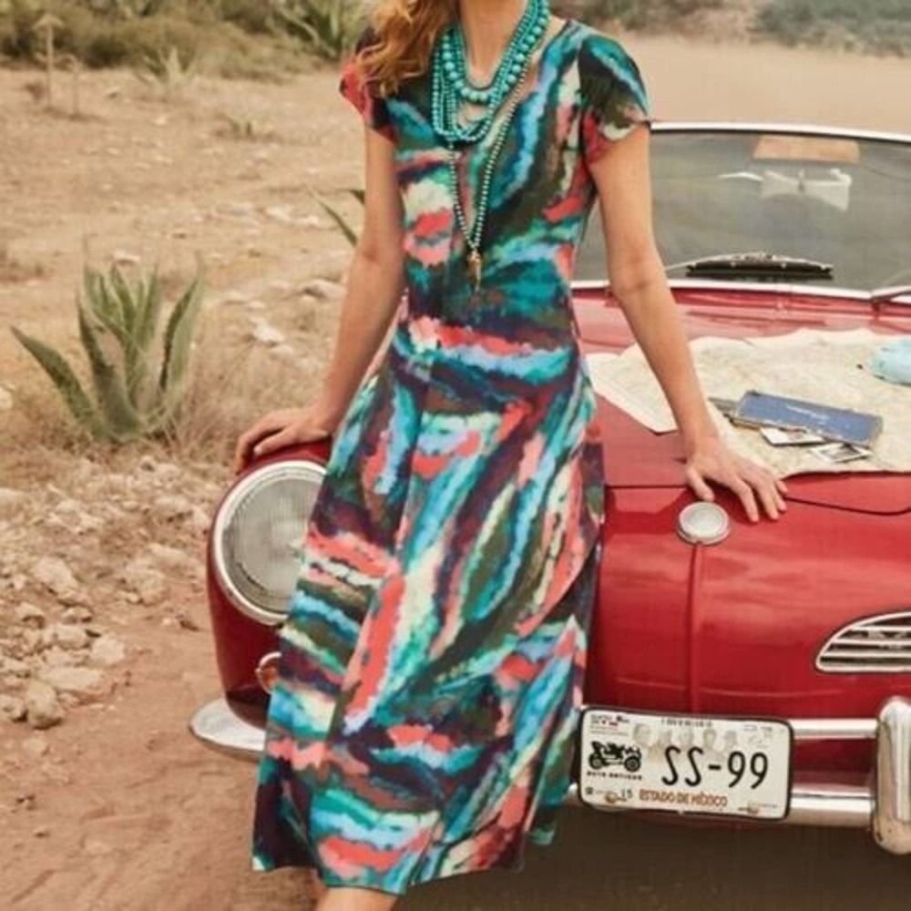 Soft Surroundings Zina Watercolor Maxi Dress Womens Size Large Short Sleeves